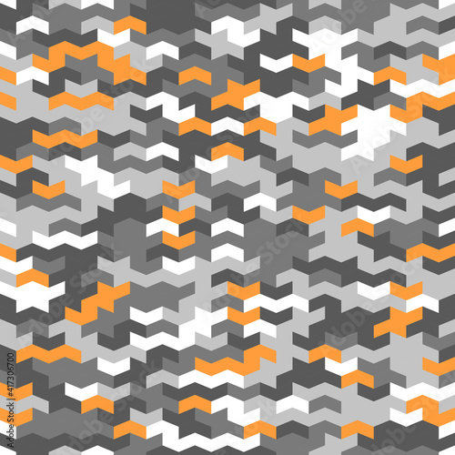 Geometric pattern with gray, white and orange arrows. Geometric modern ornament. Seamless abstract background