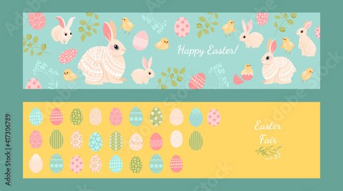 Set of vector Easter banners with cute rabbits, chickens and decorated eggs