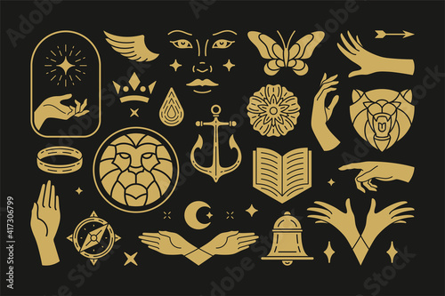 Magic and mystic vector design elements set with female hands gestures.