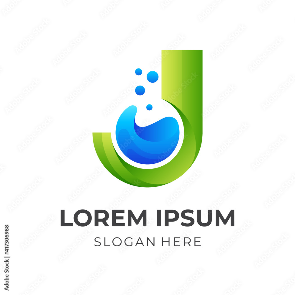Fototapeta premium letter J lab logo, letter J and bottle, combination logo with 3d blue and green color style