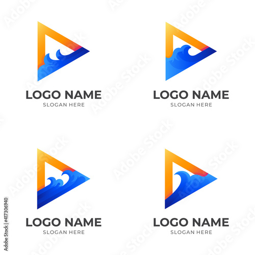 set play wave logo  play button and wave  combination with 3d blue and orange color style