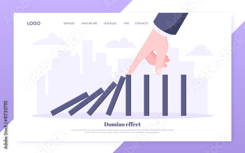 Domino effect business concept. Hand stops chain reaction of falling board game blocks of dominoes flat style vector illustration. Business bankruptcy or crisis, risk and finding solution metaphor.