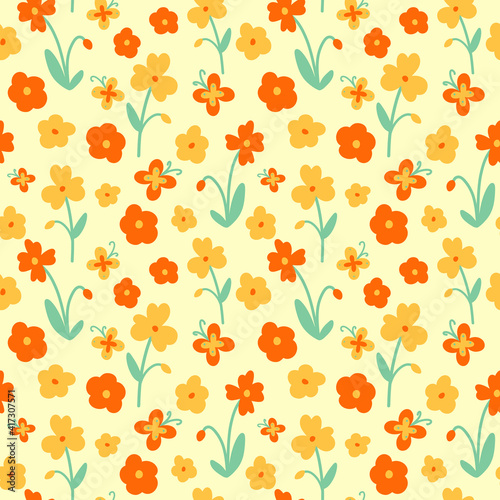 Vector orange and yellow floral pattern in flat style. Flowers and butterflies cute seamless print on yellow background for textile, fabric, wallpaper, wrapping, scrapbooking, design and decoration.