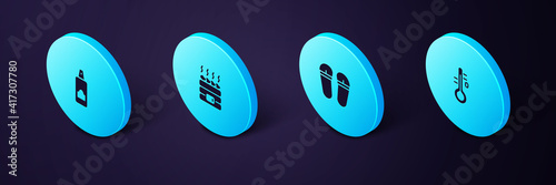 Set Isometric Sauna thermometer, Flip flops, Hot sauna stones and Spray can for hairspray icon. Vector.