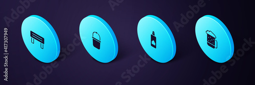 Set Isometric Wooden beer mug, Spray can for hairspray, Sauna bucket and wood bench icon. Vector.