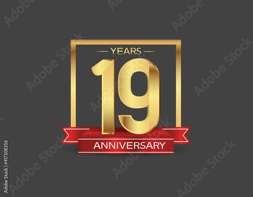 19 years anniversary logo style with golden square and red ribbon isolated on black background for celebration moment