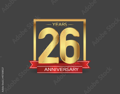 26 years anniversary logo style with golden square and red ribbon isolated on black background for celebration moment