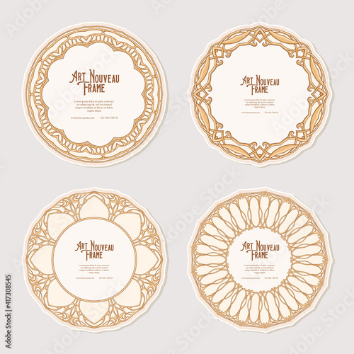Set of four cercle label, decorative frame, border in art nouveau style, vintage, old, retro style. Tamplate good for product label with place for text. Vector illustration