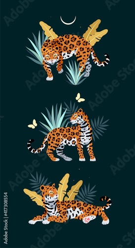 Vector illustration of cute jaguar and palm leaves