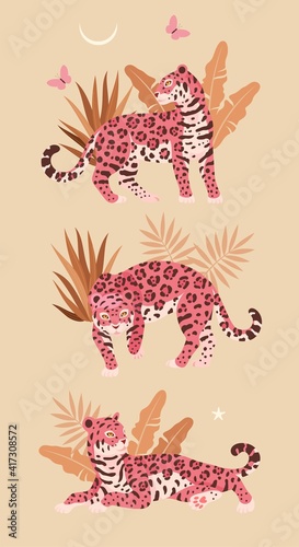 Vector illustration of cute jaguar and palm leaves