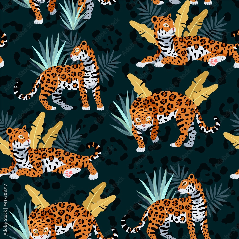 Obraz premium Seamless vector pattern with cute jaguar and palms