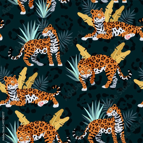 Seamless vector pattern with cute jaguar and palms