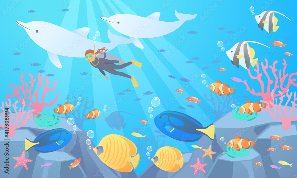 海でスキューバダイビンクをして熱帯魚に見守られながらイルカと一緒に泳いでいる女性のベクターイラスト背景 Stock Vector Adobe Stock