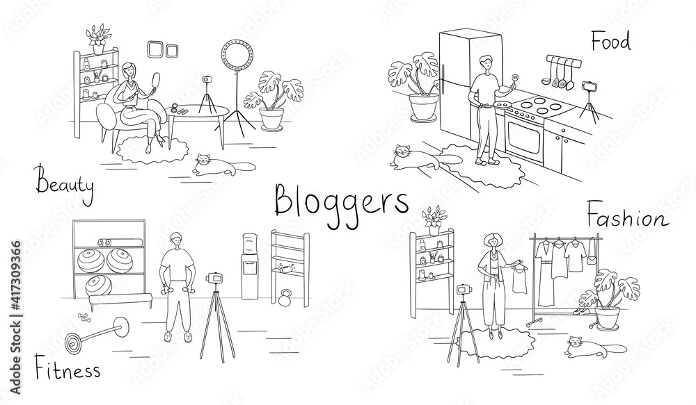 Fototapeta premium Bloggers set. Different vloggers shoot videos for their followers. Influencers create content for their blog channel. Cartoon vector illustration