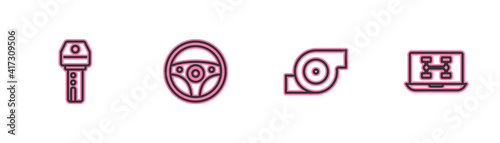 Set line Car key with remote, Automotive turbocharger, Steering wheel and Diagnostics condition of car icon. Vector.