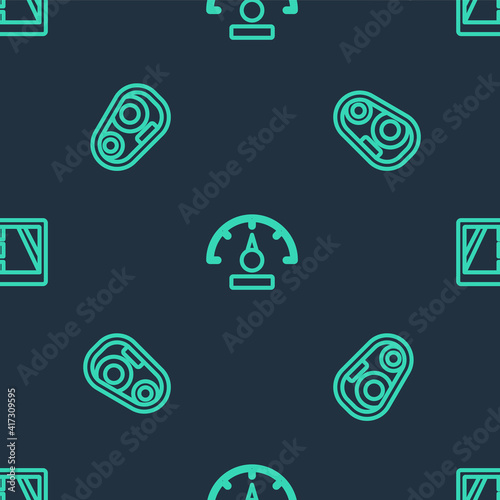 Set line Speedometer, Car headlight and Gps device with map on seamless pattern. Vector.