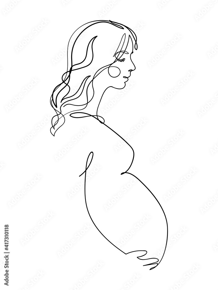 Profile of a pregnant woman, drawing with one continuous line. Minimalist sketch of pregnancy, mom with tummy side view. Aesthetic vector illustration in modern graphic design.