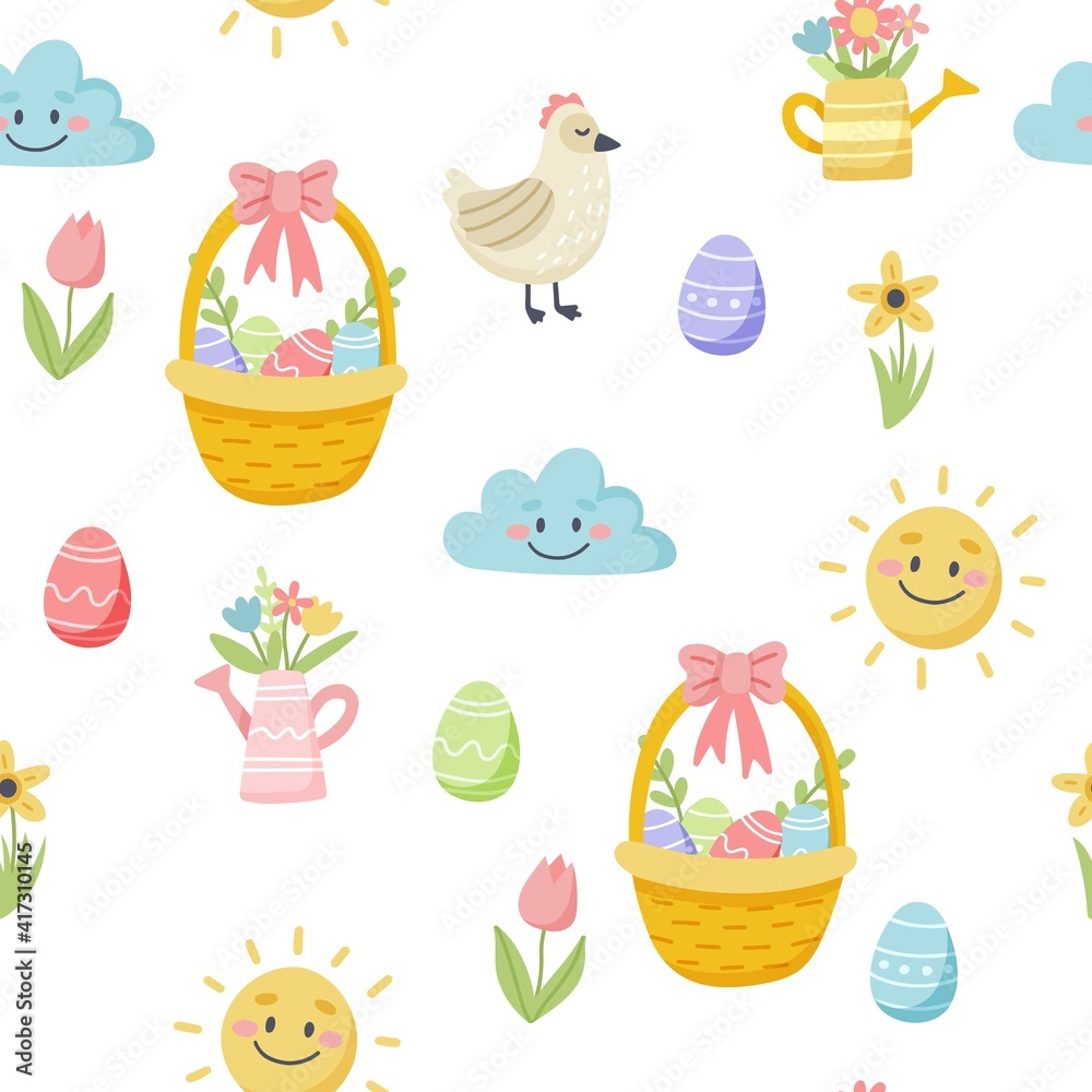 Easter spring pattern with cute eggs and flowers. Hand drawn flat cartoon elements. Vector illustration