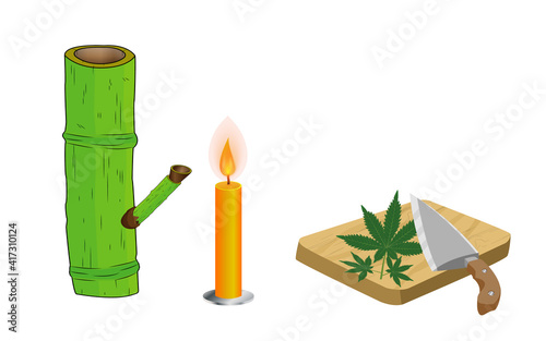 Bamboo bongs,candle, cutting boards and knives are used for consuming cannabis on a white background. cannabis leaves. Green marijuana leaf.