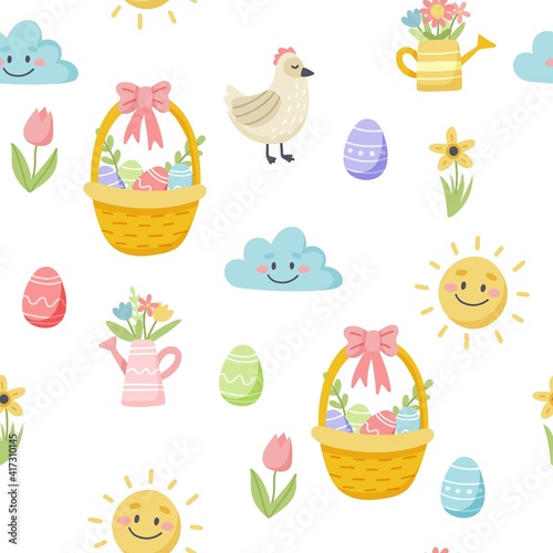 Easter spring pattern with cute eggs and flowers. Hand drawn flat cartoon elements. Vector illustration