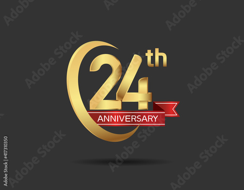 24 years anniversary logo style with swoosh ring golden color and red ribbon isolated on black background for company celebration