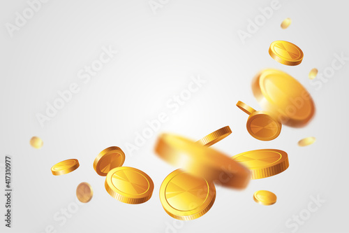 Frame with gold coins on light background. Rain of money. Jackpot or success concept. Illustration with place for text.