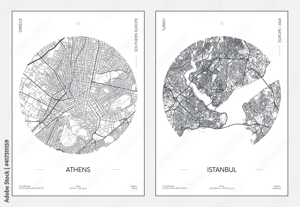 Travel poster, urban street plan city map Athens and Istanbul, vector illustration