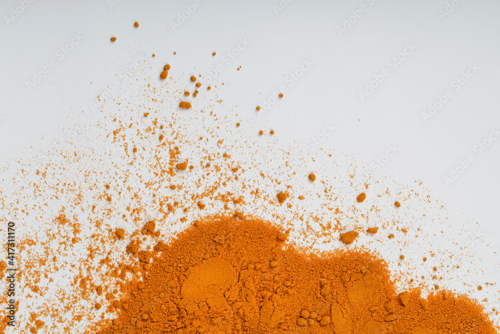 yellow curcuma or turmeric powder on white background. top view. copy space. spice and medicinal herb concept yellow curcuma or turmeric powder on white background. top view. copy space. spice and medicinal herb concept