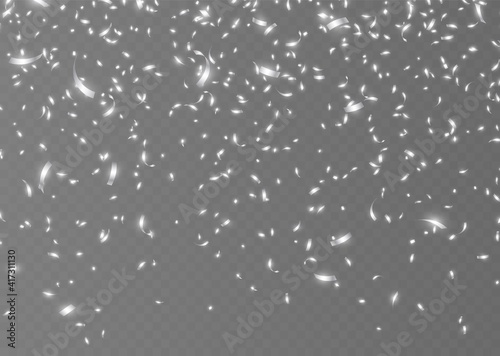 Falling silver confetti, shiny tinsel, and pieces of serpentine, abstract party background. Christmas decoration isolated on dark transparent backdrop. Realistic vector illustration.