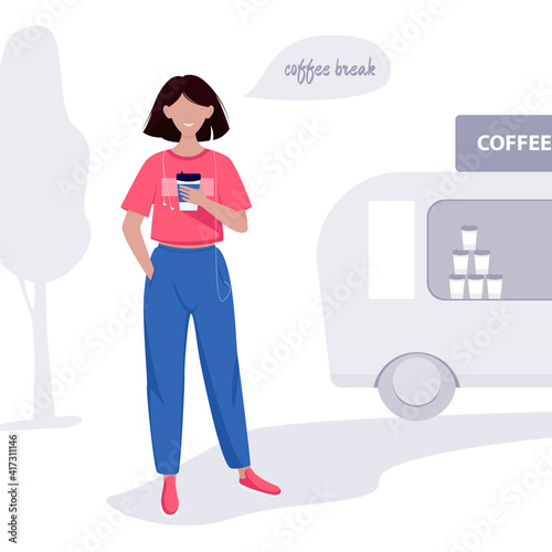 Girl with a glass of coffee. Coffee break concept
