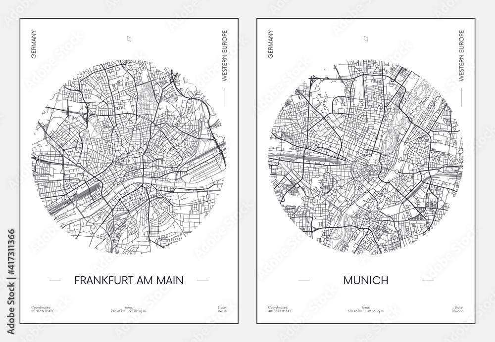 Naklejka premium Travel poster, urban street plan city map Frankfurt am Main and Munich, vector illustration