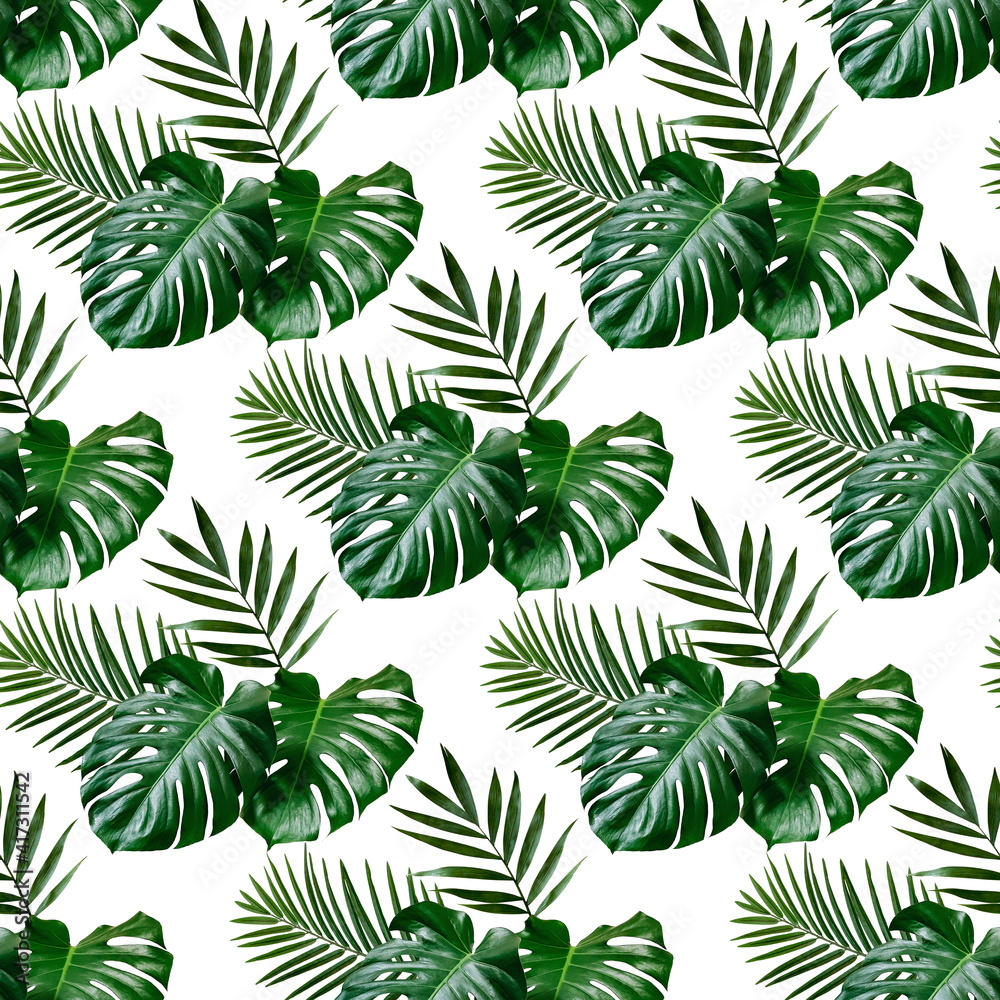 Seamless tropical pattern on a white background. Monstera Leaves.
Seamless print for fabric, wallpaper and other promotional materials. 