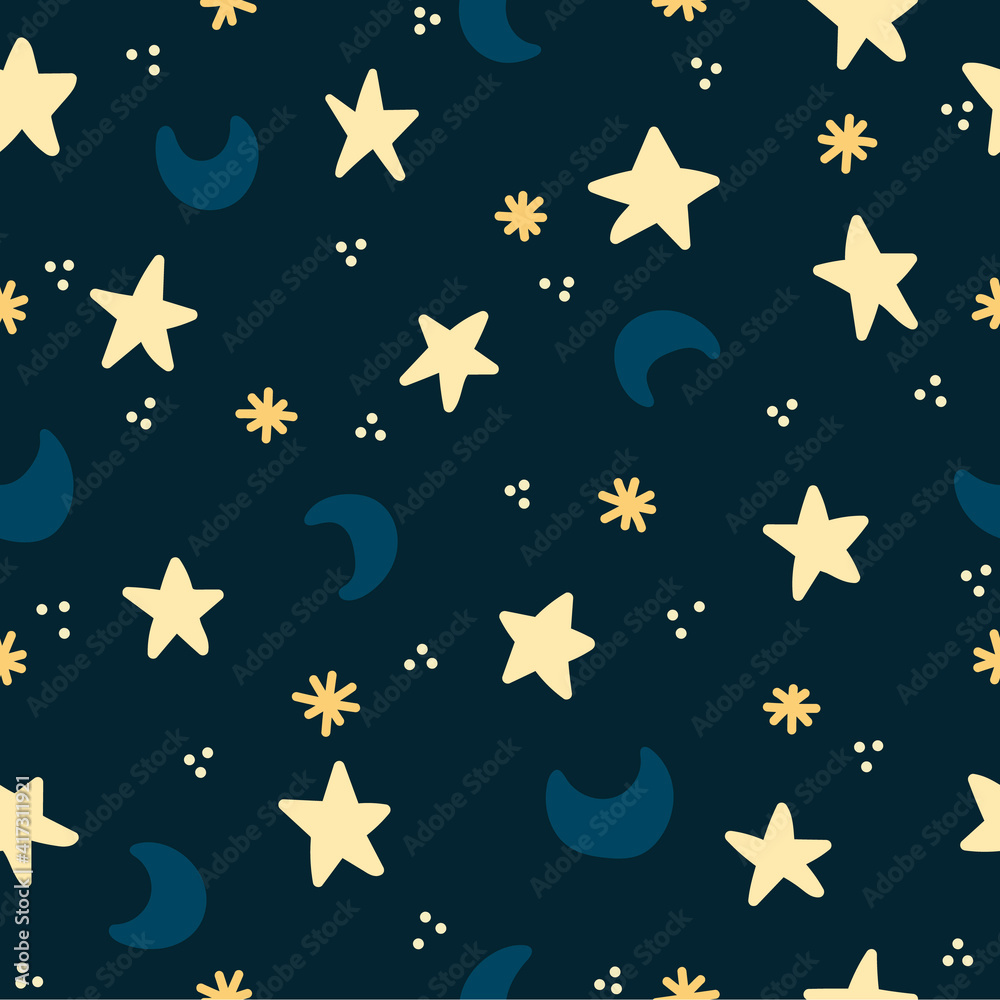 Seamless pattern of a night sky with yellow stars blue moons and dark blue background for a minimal and child design
