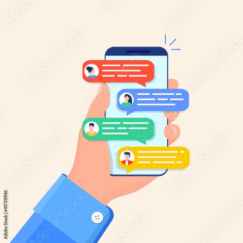 Online chat messages text notification on mobile phone. Hand holds smartphone sms speech bubbles push alerts on screen, digital or electronic chatting on cellphone. Vector illustration in flat style