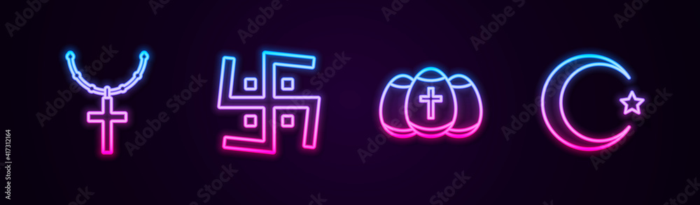Set line Christian cross on chain, Hindu swastika, Easter egg and Star and crescent. Glowing neon icon. Vector. Set line Christian cross on chain, Hindu swastika, Easter egg and Star and crescent. Glowing neon icon. Vector.