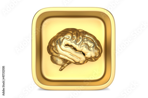 Gold brain with gold box Isolated On White Background, 3D rendering. 3D illustration.