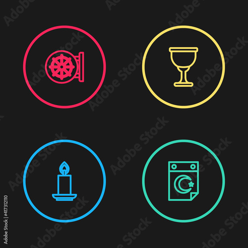 Set line Burning candle, Star crescent, Holy grail or chalice and Dharma wheel icon. Vector.