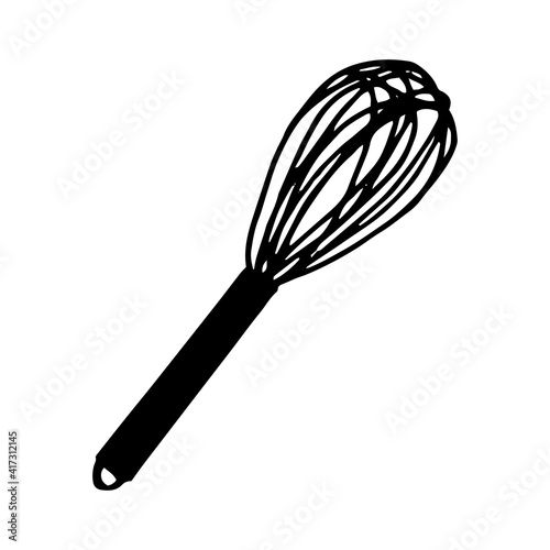 whisk icon, sticker. sketch hand drawn doodle style. vector, minimalism, monochrome. kitchen, dishes, cooking, food.