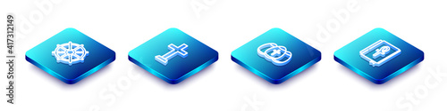 Set Isometric line Dharma wheel, Christian cross, Easter egg and Cross ankh book icon. Vector.