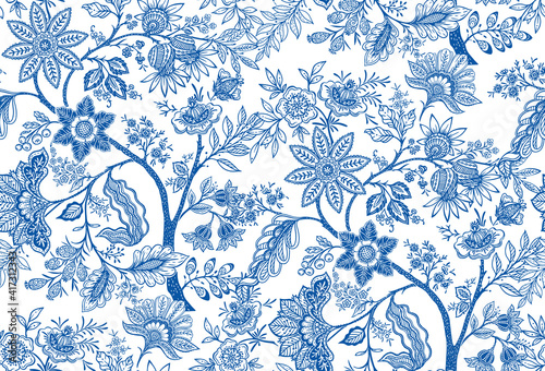 Fantasy flowers in retro, vintage, jacobean embroidery style. Seamless pattern, background. Vector illustration. On army green background.