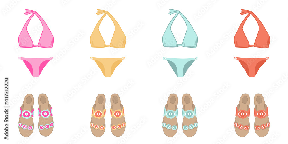 vector set with images of beach shoes and bikini swimsuits vector set with images of beach shoes and bikini swimsuits