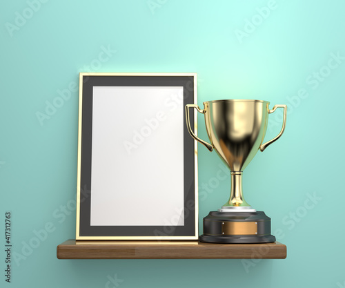 Gold trophy and photo frame on shelf realistic side view composition, 3D rendering. 3D illustration.