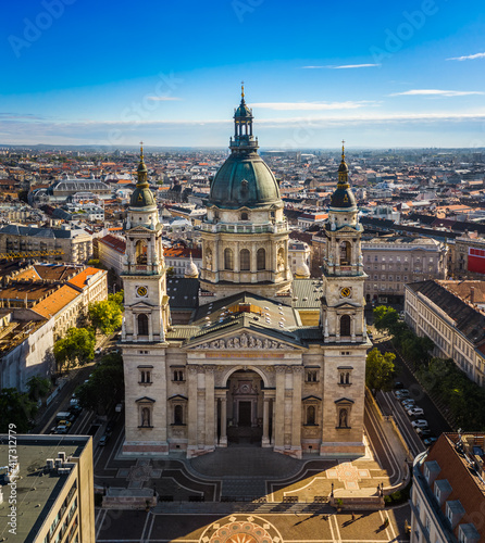 Budapest, Hungary - Aerial view of St.Stephen's Basilica on a sunny summer day with clear blue sky