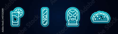 Set line Tequila glass with lemon, Cigar, Mexican wrestler and Taco tortilla. Glowing neon icon. Vector.