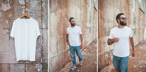 Collage of photos with young bearded hipster guy wearing white blank t-shirt. Mock-up for print. T-shirt template. Hanging on ahanger empty white t-shirt.