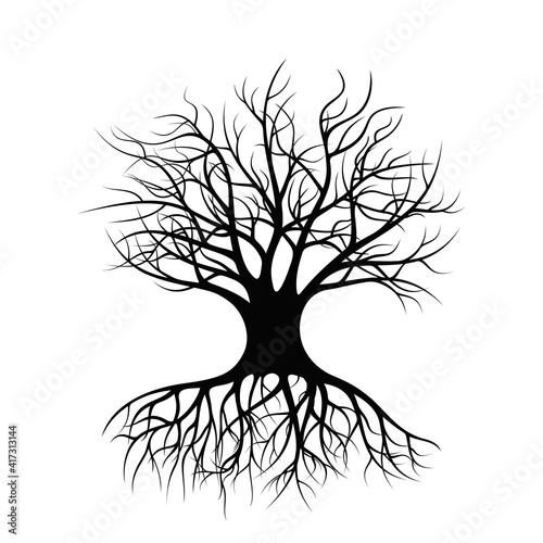 A Lonely Standing Tree with Roots and no Foliage. Black Silhouette of a Tree. 