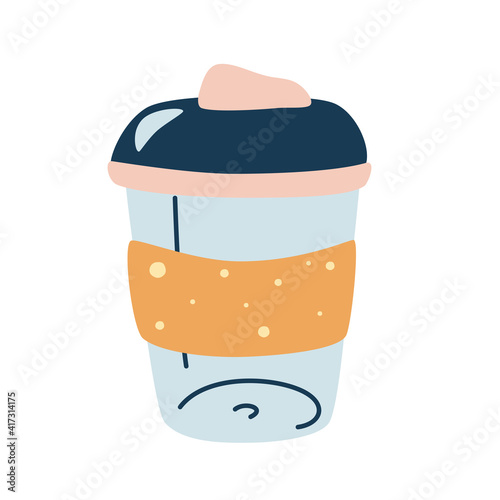 Reusable coffee mug. Coffee to go. Cute hand drawn Thermos for take away coffee. Zero waste life. Isolated vector objects on white background.