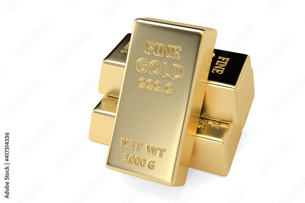 Gold ingots isolated on white background. 3D illustration. Gold ingots isolated on white background. 3D illustration.