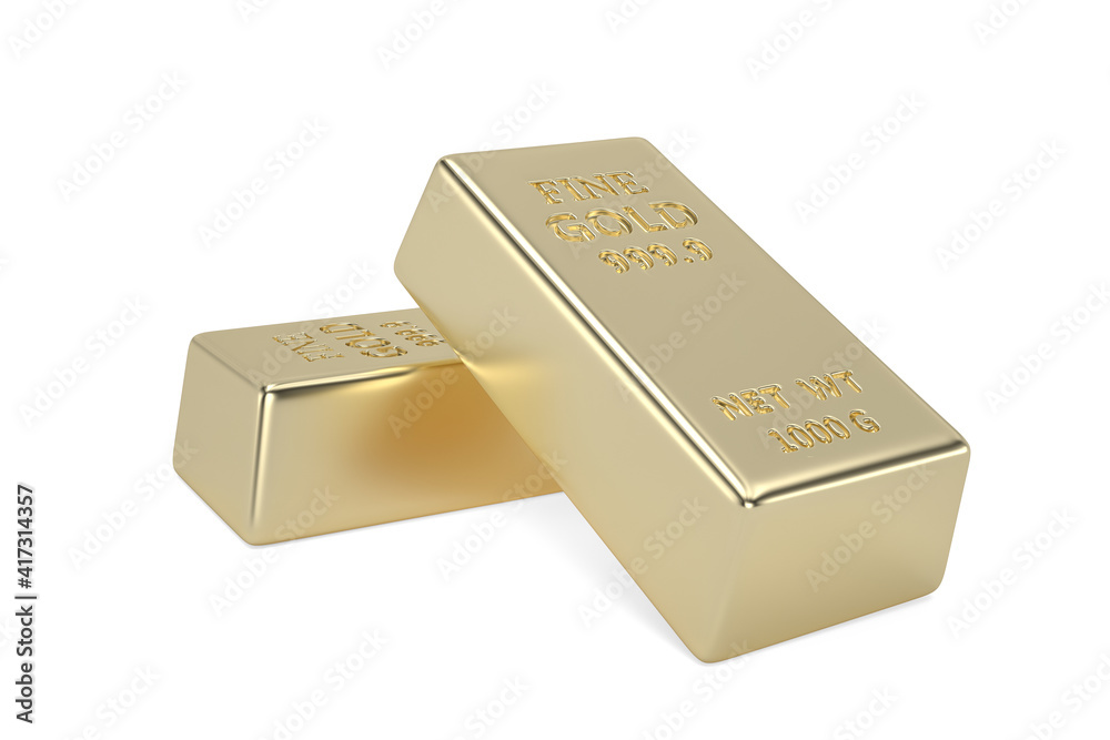 Gold ingots isolated on white background. 3D illustration. Gold ingots isolated on white background. 3D illustration.
