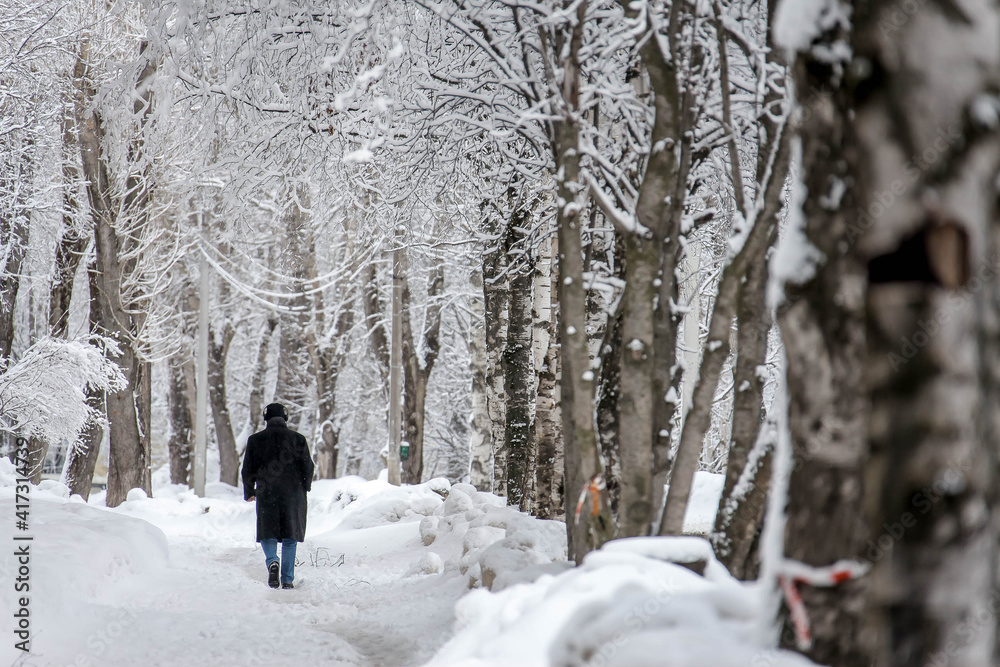 a man walking in the park in winter a man walking in the park in winter